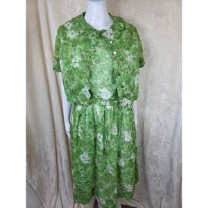 1960's Vintage Carol Brent Floral Sheer Dress Set Scalloped Jacket 2‎ Piece